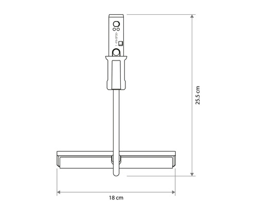 Technische tekening van een raamwisser met een hoogte van 25,5 centimeter en een breedte van 18 centimeter.