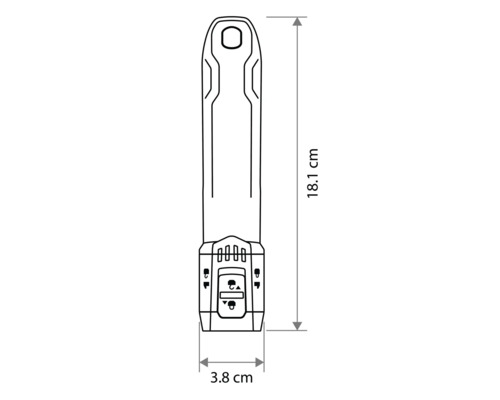 Technische tekening van een handgreep met afmetingen: hoogte 18,1 centimeter en breedte 3,8 centimeter.