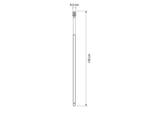 Technische tekening van een steel met afmetingen: lengte 130 centimeter, breedte bovenaan 4,3 centimeter.