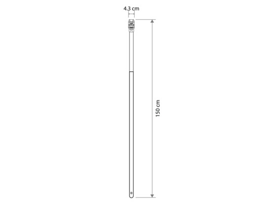 Technische tekening van een gereedschapsteel met een totale lengte van 150 centimeter en een breedte aan de bovenzijde van 4,3 centimeter.