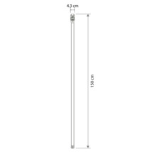 Maatschets van een lange, smalle lamp met een lengte van 150 centimeter en een breedte van 4,3 centimeter.