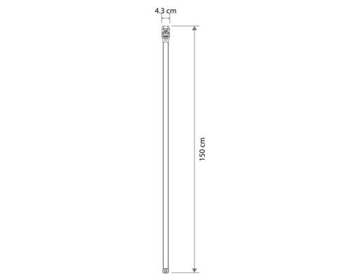 Maatschets van een lange, smalle lamp met een lengte van 150 centimeter en een breedte van 4,3 centimeter.