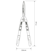 Technische tekening van een heggenschaar met een lengte van 71 centimeter en een breedte van 23,6 centimeter.