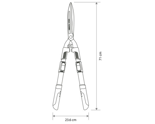 Technische tekening van een heggenschaar met een lengte van 71 centimeter en een breedte van 23,6 centimeter.
