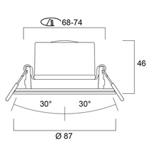 Maattekening inbouwspot: diameter 87 millimeter, inbouwdiepte 46 millimeter, gatmaat 68 tot 74 millimeter en kantelbereik 30 graden.