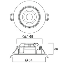 Technische tekening inbouwspot met diameter 87 millimeter, zaaggat 68 millimeter en inbouwdiepte 30 millimeter.