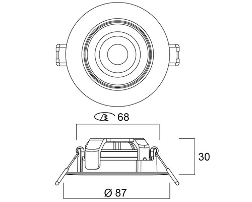 Technische tekening inbouwspot met diameter 87 millimeter, zaaggat 68 millimeter en inbouwdiepte 30 millimeter.