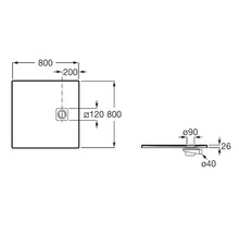 Technische tekening van een vierkante douchebak van 800 bij 800 millimeter, een diepte van 26 millimeter en een afvoerdiameter van 90 millimeter.