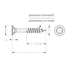 Technische tekening van een verzonken schroef met gepatenteerd stervormig schroefdraad, steraandrijving en aangegeven afmetingen.