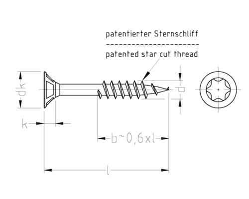 Technische tekening van een verzonken schroef met gepatenteerd stervormig schroefdraad, steraandrijving en aangegeven afmetingen.