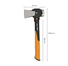 Fiskars Pro IsoCore kloofhamer, zwart-oranje. Afmetingen: kop 14 centimeter, steel 30,1 centimeter, totale lengte 35,6 centimeter.