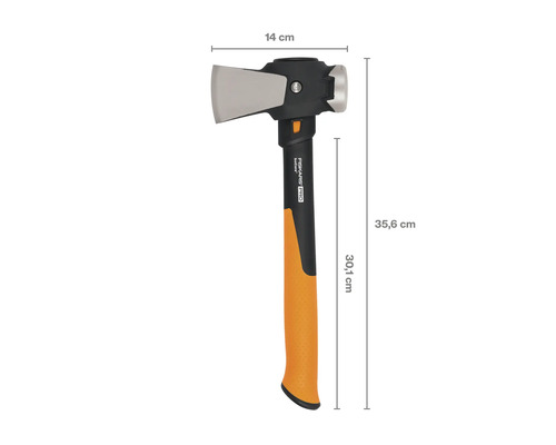 Fiskars Pro IsoCore kloofhamer, zwart-oranje. Afmetingen: kop 14 centimeter, steel 30,1 centimeter, totale lengte 35,6 centimeter.