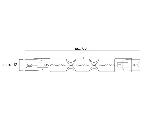 Technische tekening van een halogeenstaaflamp met afmetingen: maximaal 80 millimeter lengte en maximaal 12 millimeter breedte.