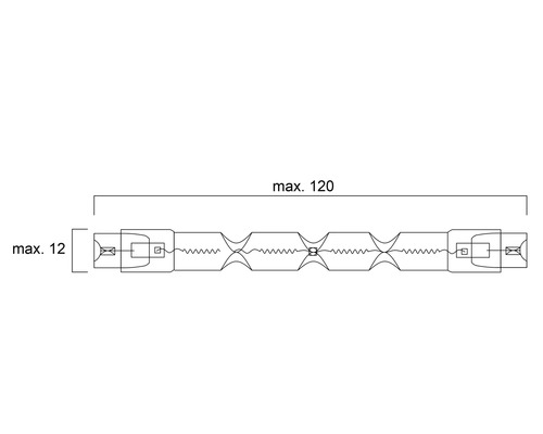 Technische tekening van een staafvormige lichtbron met de afmetingen maximaal 120 en maximaal 12.