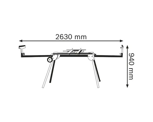 Werktafel voor zagen met afmetingen: breedte 2630 millimeter, hoogte 940 millimeter.