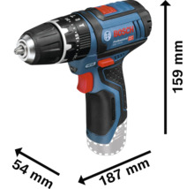 Bosch Professional accu-klopboormachine GSB 12V-15, lengte 187 millimeter, hoogte 159 millimeter, breedte 54 millimeter.