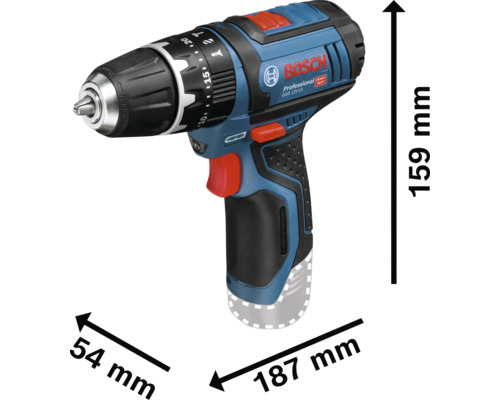Bosch Professional accu-klopboormachine GSB 12V-15, lengte 187 millimeter, hoogte 159 millimeter, breedte 54 millimeter.