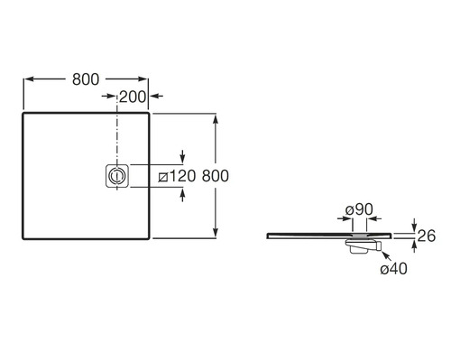 Technische tekening van een vierkante douchebak van 800 bij 800 millimeter, een diepte van 26 millimeter en een afvoerdiameter van 90 millimeter.