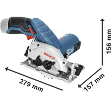 Bosch accu-cirkelzaag met afmetingen: lengte 279 millimeter, breedte 157 millimeter en hoogte 156 millimeter.