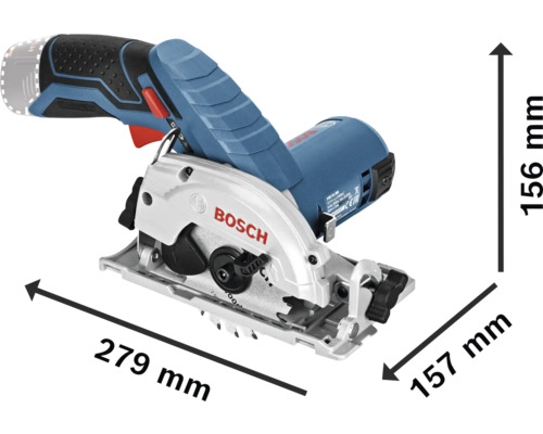 Bosch accu-cirkelzaag met afmetingen: lengte 279 millimeter, breedte 157 millimeter en hoogte 156 millimeter.