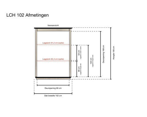 Technische tekening met afmetingen, hoogte 193 centimeter, breedte 102 centimeter, deuropening 90 bij 169 centimeter.