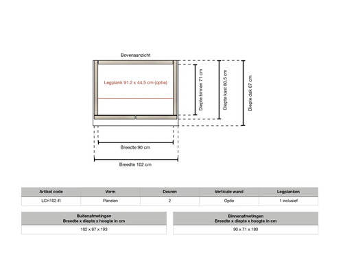 Technische tekening voor bergkast met 2 deuren. Buitenmaten 102 bij 87 bij 193 centimeter. Binnenmaten 90 bij 71 bij 180 centimeter.