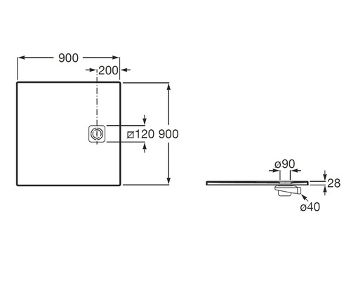 Technische tekening van een vierkante douchebak met de afmetingen 900 bij 900 millimeter en een hoogte van 28 millimeter.