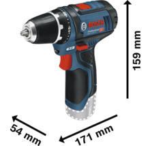 Bosch Professional accuboorschroevendraaier GSR 10,8 Volt-15 met afmetingen 171 millimeter lengte, 159 millimeter hoogte en 54 millimeter breedte.