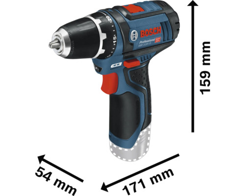 Bosch Professional accuboorschroevendraaier GSR 10,8 Volt-15 met afmetingen 171 millimeter lengte, 159 millimeter hoogte en 54 millimeter breedte.