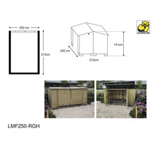 Technische tekening en foto's van een Lutrabox houten berging LMF250-RGH met de afmetingen 250 bij 215 bij 141 centimeter en Lutrabox Logo.
