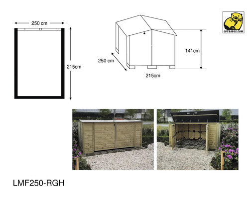 Technische tekening en foto's van een Lutrabox houten berging LMF250-RGH met de afmetingen 250 bij 215 bij 141 centimeter en Lutrabox Logo.