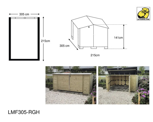 Lutrabox houten opbergbox LMF305-RGH, afmetingen 305 bij 215 bij 141 centimeter, gesloten en open getoond.