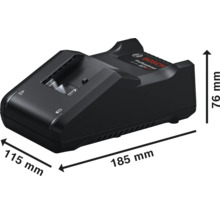 Bosch Professional acculader met afmetingen: lengte 185 millimeter, breedte 115 millimeter, hoogte 76 millimeter.