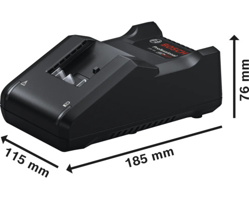 Bosch Professional acculader met afmetingen: lengte 185 millimeter, breedte 115 millimeter, hoogte 76 millimeter.