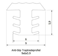 Technische tekening van een antislip traptredeprofiel met de afmetingen 9 bij 6 bij 5,9 millimeter.