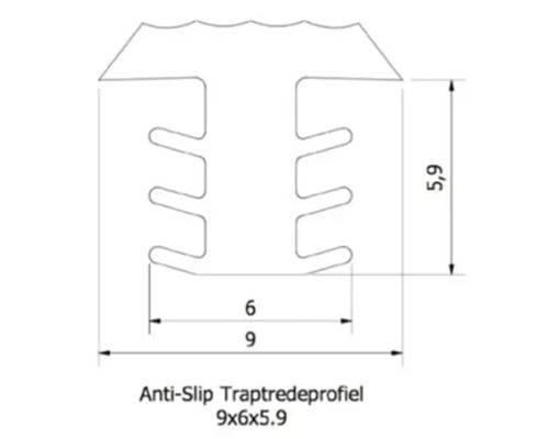 Technische tekening van een antislip traptredeprofiel met de afmetingen 9 bij 6 bij 5,9 millimeter.