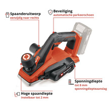 Einhell accu-schaafmachine met spaanderuitworp, automatische parkeerschoen, schaafdiepte tot 2 millimeter en sponningdiepte tot 8 millimeter.