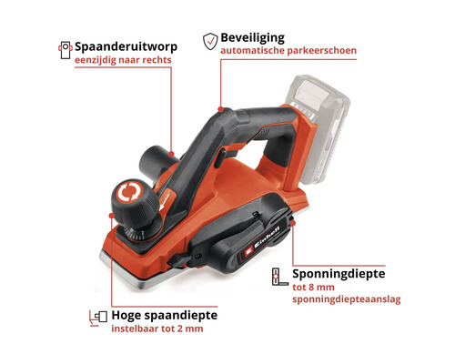 Einhell accu-schaafmachine met spaanderuitworp, automatische parkeerschoen, schaafdiepte tot 2 millimeter en sponningdiepte tot 8 millimeter.