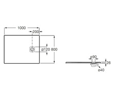 Technische tekening van een douchebak met afmetingen 1000 bij 800 millimeter, een hoogte van 26 millimeter en details van de afvoer.