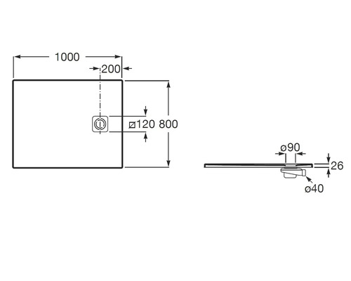 Technische tekening van een douchebak met afmetingen 1000 bij 800 millimeter, een hoogte van 26 millimeter en details van de afvoer.