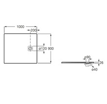 Technische tekening van een rechthoekige douchebak, afmetingen 1000 bij 900 millimeter, hoogte 26 millimeter, met afvoerdetails.