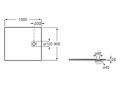 Technische tekening van een rechthoekige douchebak, afmetingen 1000 bij 900 millimeter, hoogte 26 millimeter, met afvoerdetails.