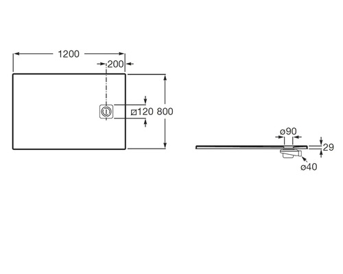 Technische tekening van een rechthoekige douchebak met de afmetingen 1200 bij 800 millimeter en een hoogte van 29 millimeter.
