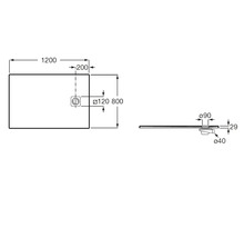 Technische tekening van een rechthoekige douchebak 1200 bij 800 millimeter met een hoogte van 29 millimeter en zijafvoer.