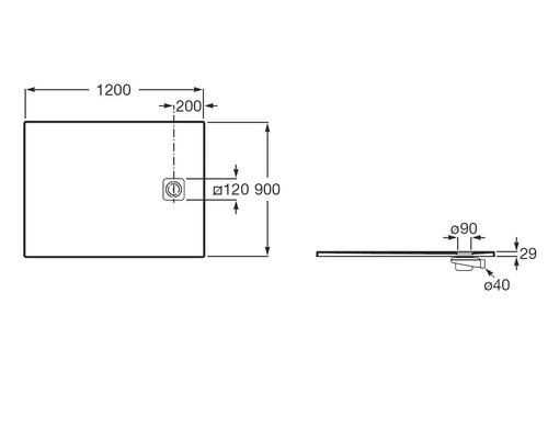 Technische tekening van een rechthoekige douchebak, 1200 bij 900 millimeter, hoogte 29 millimeter, inclusief afvoergegevens.