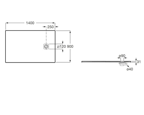 Technische tekening van een douchebak met de afmetingen 1400 bij 900 bij 31 millimeter inclusief details van de afvoerpositie.