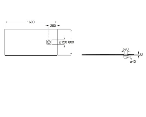 Maattekening van een rechthoekige douchebak met afmetingen 1600 bij 800 millimeter en een hoogte van 32 millimeter.