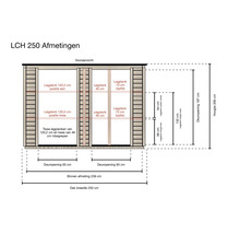 Maattekening vooraanzicht berging LCH 250 met dakbreedte 250 centimeter, twee deuren van 93 centimeter en totale hoogte 206 centimeter.