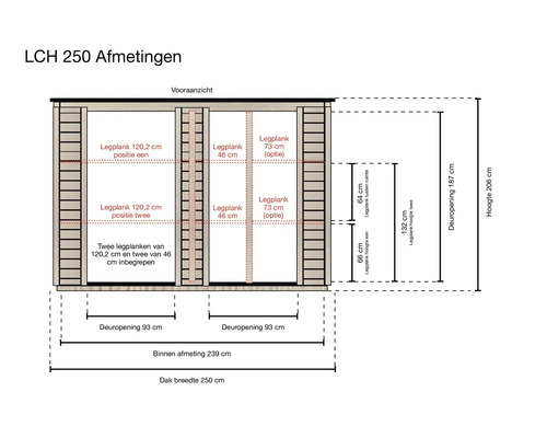 Maattekening vooraanzicht berging LCH 250 met dakbreedte 250 centimeter, twee deuren van 93 centimeter en totale hoogte 206 centimeter.