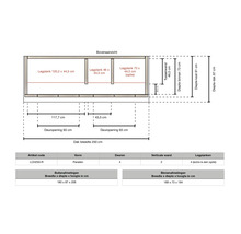 Technische tekening opbergkast met bovenaanzicht. Buitenmaten 180 bij 87 bij 206 centimeter, binnenmaten 169 bij 73 bij 194 centimeter.